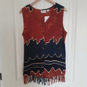 NEW Raviya Sleeveless V-Neck Button Front Top with Fringe Hem Brown Blue Size L